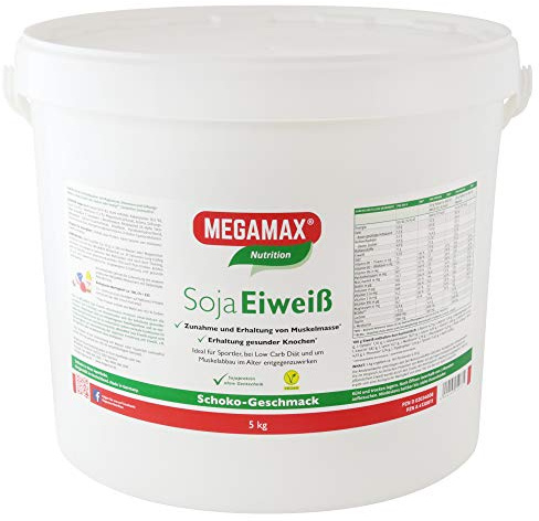 MEGAMAX Soja Eiweiß Schoko 5 kg + Taurin + L-Methionin Glutenfrei - Sojaeiweiß-Isolat Low Carb - pflanzliches Eiweiss, Laktosefrei, Aspartamfrei - Veganes Protein für Muskelaufbau u. Muskelerhalt