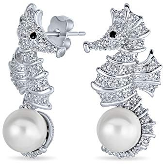 Bling Jewelry Nautische Braut CZ Strandziel Hochzeit Weiß Simulierte Perle 8MM Schmuck Set Seestern Halskette Lariat Anhänger Stecker Ohrring Für Frauen Brautjungfern .925 Sterlingsilber