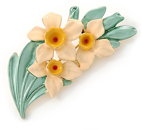 Broche florale jonquille en plaqué or Crème/jaune/vert clair – 50 mm L, taille unique, émail, Pas de gemme