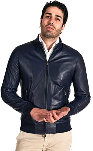 D'Arienzo Bomber in Pelle Blu Uomo Giacca Invernale Vera Pelle Made in Italy 106 58/Blu