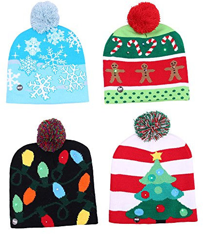 Ulalaza 4Pcs LED Light-up Weihnachtsmützen Cap 3 Modi Buntes Blinken Strickmütze für Erwachsene und Kinder
