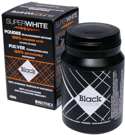 SUPERWHITE - Biosynex - Poudre de Blanchiment Dentaire au Charbon Actif - Poudre Blancheur Végétale à Base de Noix de Coco - 100% Naturelle - 40G