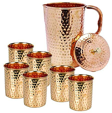 Gehämmerte Kupferkanne Krug und 6 Glasbecher, Lagerung und Serving Water Restaurant Hotel Home, Set von 7 Stück Ayurveda Yoga