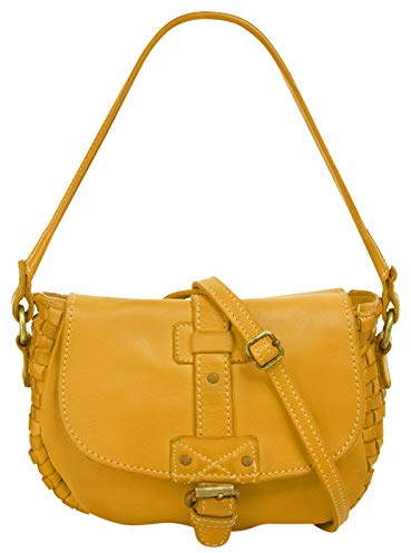 Cluty Umhängetasche Echt Leder Damen Made in Italy | Crossbag mit Flechtoptik | Handtasche mit Zierschnalle | 2in1 Damentasche gelb 020892