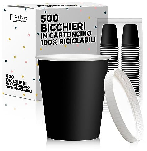 cubex professional 500 Bicchieri in cartoncino da 75 ML Neri + 500 Coperchi da 75 ML, per Caffè, Acqua, Bevande Calde e Fredde, 100% Riciclabili