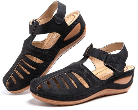 Sandale Femme Compensées Confort Mules Été Et Nu-Pieds Plateforme Plate Chaussures Bout Fermé Sandale Bride Cheville 1 Noir 40 EU