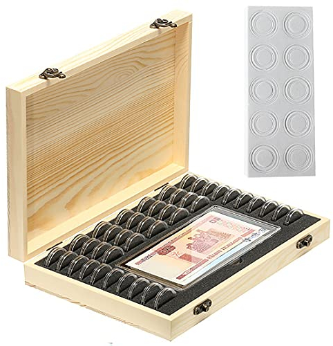 Litensh Boîte de Rangement en Bois pour pièces de Monnaie avec 40 Capsules Rondes, 100 Billets de Banque en Plastique pour collectionneurs, Capsules Monnaie Boîte Commémorative Collection Monnaie