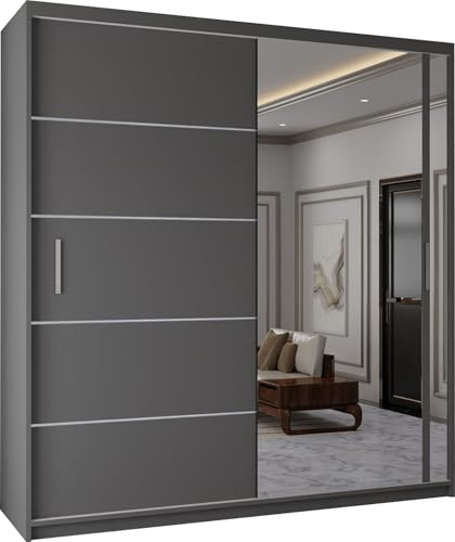 MN Furniture Modern Double Sliding Door Wardrobe 2 Mirrored Hanging Rails & Shelves Storage Cabinet for Bedroom (Grey, 120cm)