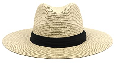 Zylioo Chapeau de paille surdimensionné XXL - Chapeau de plage Panama à large bord pour grandes têtes - Chapeau de voyage UPF réglable avec mentonnière, Ruban beige, XS/S