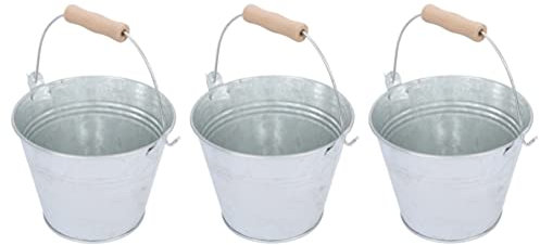 UPKOCH 3 verzinkte Metalleimer mit Holzgriffen, Metall-Blumen-Eimer, Blech-Pflanzgefäße, Asche-Eimer, Holzkohle-Eimer, Aschekanne, Holzpellet-Behälter für Geschenke, Korb, Eis, Bier, Süßigkeiten