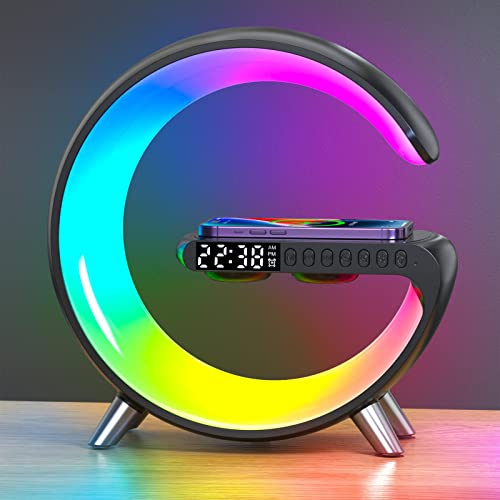 LeeNabao Intelligent LED Table Lamp, 4 in 1 Wireless Charger Night Light Lamp, App Control Bluetooth Speaker with Alarm Clock, Bedside Charging Lamp for Bedroom Office Home Decor (Black)
