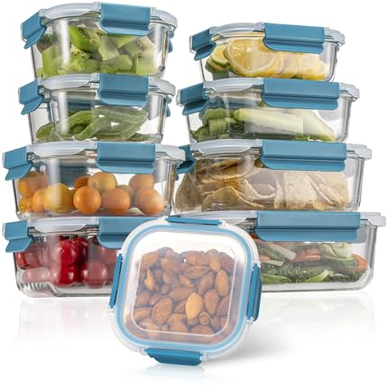 GENICOOK Frischhaltedosen aus Glas mit luftdichten Deckeln, Glasbehälter für Mahlzeiten, Bento-Box, Mikrowelle, Gefrierschrank, spülmaschinenfest, stapelbar, großes Fassungsvermögen, BPA-frei, 9 Stück