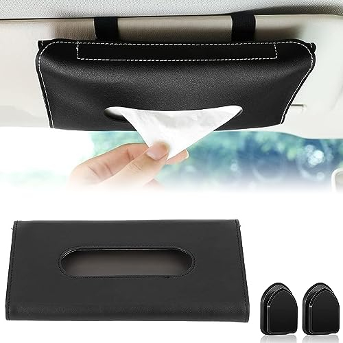 PU Leder Auto Taschentuchbox, Auto Taschentuchhalter, Taschentuchbox Auto, Sonnenblende Serviettenclip Hängende Box, Auto Visier Tissue Holder, Sonnenblende Serviettenhalter, mit Haken, Schwarz