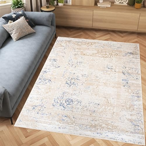 TAPISO Hera Teppich Kurzflor Glänzend Creme Beige Blau Abstrakt Flecken Linien Verwischt Meliert 3D Effekt Wohnzimmer Schlafzimmer ÖKO-TEX 160 x 230 cm