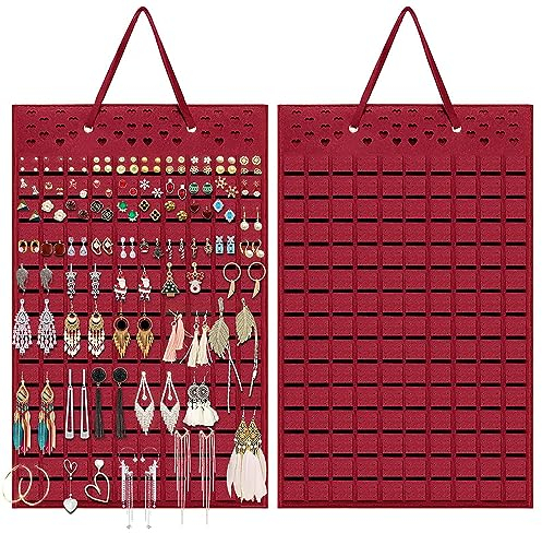 Ritte Hängende Schmuck Organizer Faltbarer Schmuckständer Schmuck-Organizer zum Aufhängen Ohrring Hängende Aufbewahrung für Frauen und Mädchen, Hält bis zu 300 Paar (Rot)