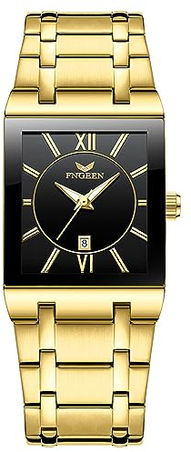 Silverora Herrenuhren Edelstahl Datum Armbanduhr Herren- Analoge Quarz Uhren mit Edelstahlarmband Rechteckige Schwarze Zifferblatt Armbanduhren Kalander 3ATM Wasserdicht Uhr Geschenke für Männer