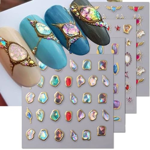 6 hojas 5D en relieve pegatinas de uñas, pegamento suave de cristal, irregular, gemas de uñas, marco geométrico, gelatina, diamantes de imitación, corazón, estrella, pegatinas de uñas, luna, sol,