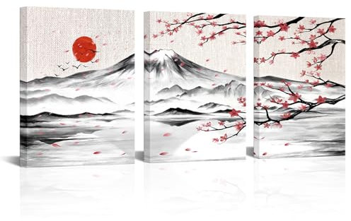 LyeArtork 3-teiliges japanisches Tintengemälde, Wandbilder Wandbild, Wandkunst, Leinwanddrucke, Wanddekoration, modernes Kunstwerk für Wohnzimmer, Büro, 30,5 x 40,6 x 3 Stück