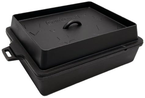 Grillfürst Dutch Oven ca. 6,5 Liter - stabil stehender Feuertopf mit flachem Boden ohne Füße, hitzebeständiger Gusseisen Topf, Deckel als Pfanne nutzbar, rund, BK 6