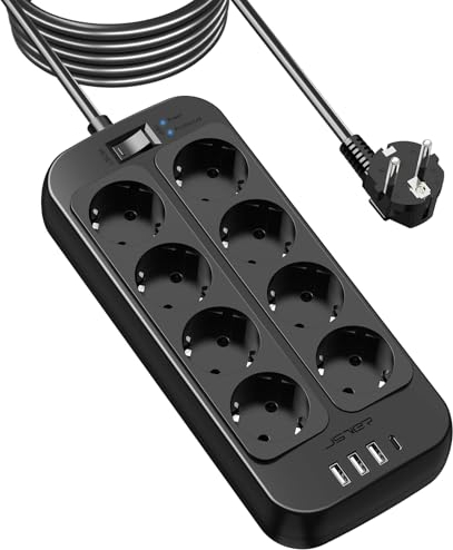 JSVER Regleta USB, Proteccion Sobretension con 8 Toma de Corriente y 4 USB Puertos(5V3,4A) USB Estación de Carga Inteligente Enchufe Multiple con Cable 5M-Negro