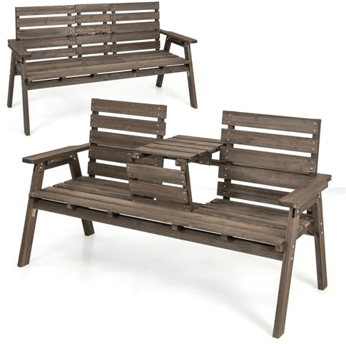 KOMFOTTEU Gartenbank aus Tannenholz, Lattenbank mit klappbarem Mitteltisch, Holzbank für 2-3 Personen bis 320 kg, Parksessel Sitzbank 160 x 64 x 86 cm, Parkbank für Garten, Balkon (Kaffee)