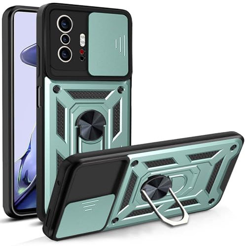 ILING Cover per Xiaomi 11T Pro 5G/Xiaomi 11T 5G, Texture Opaca Metallica Ultra Sottile Antiurto PC Rigido Silicone Custodia con Anello Supporto e Scorrevole Protezione Fotocamera (Verde)