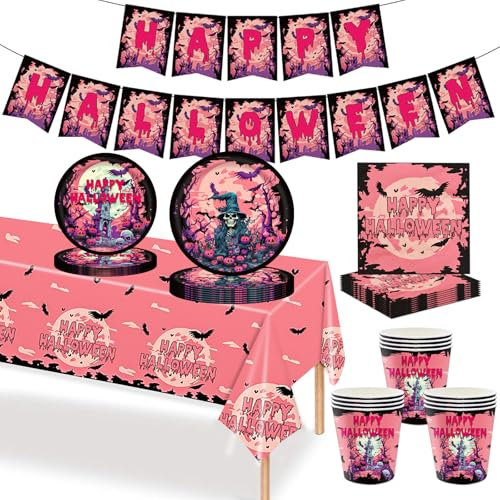 Set di 70 stoviglie rosa per feste di Halloween – piatti di carta, tazze, tovaglioli, striscioni, tovaglioli, tovaglioli, tovaglia – decorazione per feste per bambini