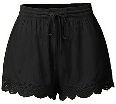 Generisch Shorts Damen Sommer Lässige Kurze Hose High Waist Kordelzug Elastische Taille Baggy Shorts Spitzenrand Baumwolle Kurze Hosen Bequeme Freizeit Strand Stoffhose Outlet Angebote Schwarz XL
