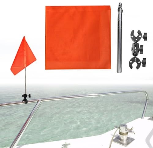 Boat Safety Flag Pole & Holder Kits - Orange Water Ski Flag for Pontoon Sailing Kayak Safe Warning Supplies, Adjustable, 6.5Ft Length