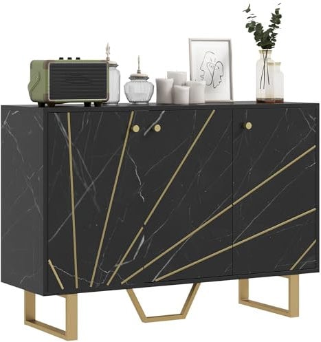 HOMCOM Meuble de Rangement Buffet Salon avec 2 placards 3 Portes et étagère réglable, Pieds en métal - dim. 107L x 35l x 75H cm, Aspect marbre Noir