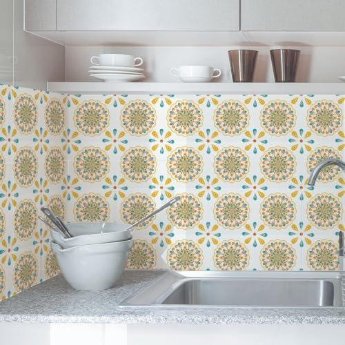 Fliesenaufkleber Gelbe Vintage Blumen Pvc Klebefliesen Küche,Wasserfest Fliesenaufkleber Bad,Diy Selbstklebende Fliesen Für Bad & Küche,Fliesensticker Für Küchenrückwand 20 Stück(15x15cm)