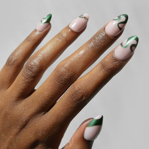 Harry Potter™ x Glamnetic Press On Nails - Parseltongue™ | Green Snake Graphic French Tip Short Almond False Nails, Reusable Stick On Fake Nails with Glue | Salon Quality | 15 Sizes - 30 Nail Kit