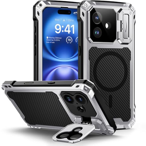 Lanhiem for iPhone 16 Metal Case with Kickstand, Compatible with MagSafe, Built in Tempered Glass Screen Protector, Heavy Duty Shockproof Rugged Phone Cases, Full Body Tough Cover (Silver)