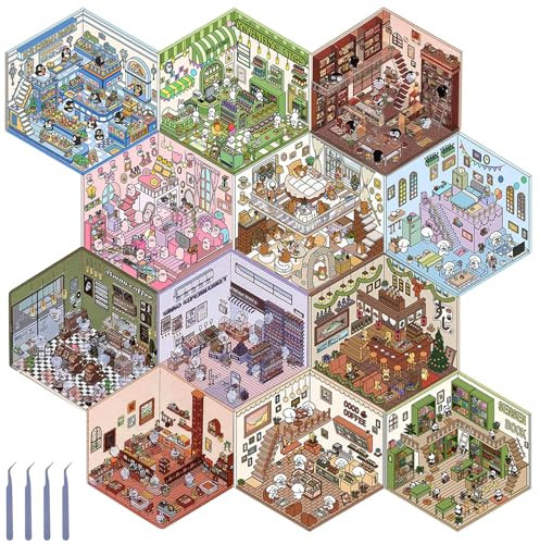12 Sets DIY 3D House Stickers Fun DIY Stickers Scene mit 4 Pinzette Wiederverwendbar Buchhandlung Café Supermarkt Restaurant Bibliothek Sets DIY 3D House Stickers für Kinder Erwachsene
