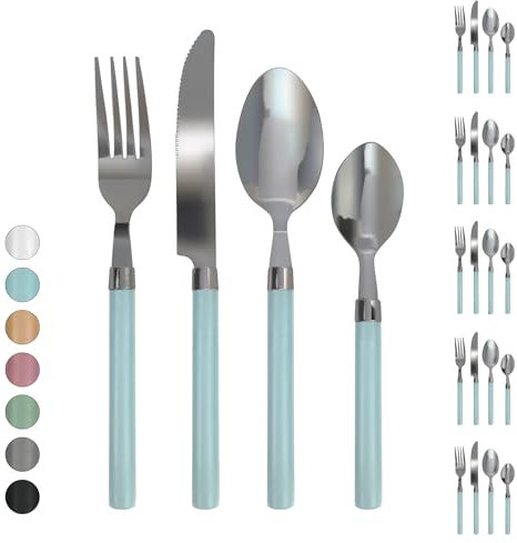 Servizio 24 Pezzi Posate Tavola Acciaio Inox Manici Colorati Tinta Unita Colori Moderni 6x Forchetta Coltello Cucchiaio Cucchiaino Lavabili Lavastoviglie Certificate Contatto Alimenti - Azzurro