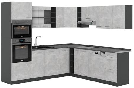 Vicco Eckküche R-Line, Küchenzeile in L-Form, Beton/Anthrazit, 237 x 247 cm, AP Anthrazit