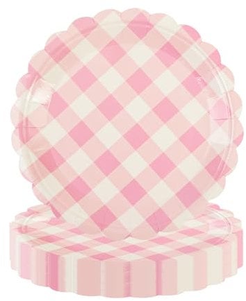 EVYIENEN Lot de 50 assiettes en carton rose vichy - 17,8 cm - Assiettes jetables en carton - Vaisselle pour gâteau, salade, fruits, dîner, dîner, dessert, plat de service