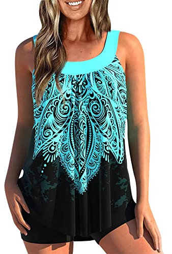 uxxnjfg Tankini Damen Große Größen Set Bademode Bauchweg Tankini Mit Shorts Badekleid Zweiteiliger Curvy Badetop Push Up Oberteil Mit High Waist Schwimmhose Strandmode Swimsuits(Blau,5XL)