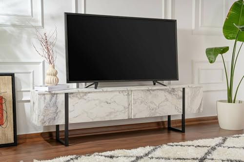 Dmora - Fernsehschrank Gussola, Ständer für Wohnzimmerfernseher, Niedriges Wohnzimmer-Sideboard, TV-Ständerbasis, 180x30 h50 cm, Marmor und Schwarz