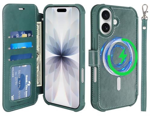 VANAVAGY Wallet Case for iPhone 17 for Magsafe,Forest Green | PU Leather Flip,Slim,12ft Drop Protection,RFID Blocking Card Holder,Magsafe Wireless Charging,Includes Screen Protector
