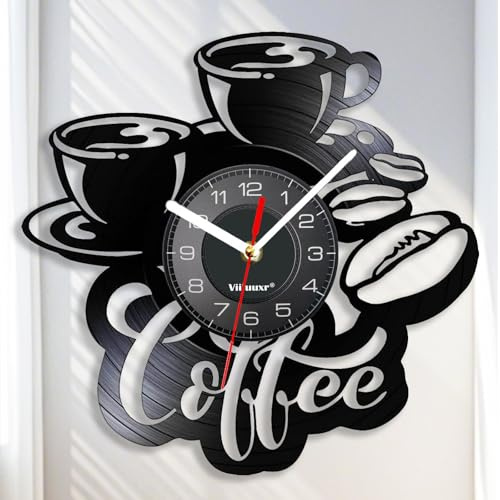 Viiluuxr Vinyl Schallplatten Uhr 30cm Wall Clock Kaffeetasse Kunsthandwerk Wanduhren ohne Tickgeräusche Café Restaurant Küche Bar Deko Weihnachts Geburtstagsgeschenk für Freundin Ehefrau. (Schwarz)