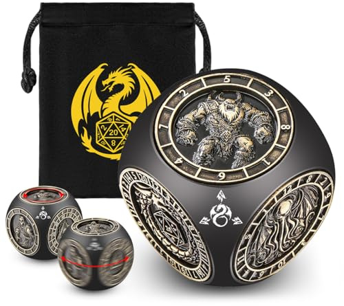 Dadi Rotanti DND, 6 Lati Spinner in Metallo, Design a Rilievo 3D, D&D Dadi Poliedrici Girevoli, Regali DND, Sacchetto Regalo con Logo Drago, MTG, Giochi da Tavolo, Accessori per Giochi di Ruolo, Nero
