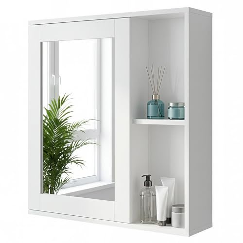 Warmiehomy Bathroom Mirror Cabinets Bathroom Cabinet 56x13x58cm, White | Bathroom Storage Cabinet with Door Bathroom Cabinets with Mirror Wall Mounted Cabinet Unit for Living Room Laundry Kitchen