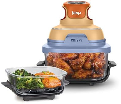 Ninja CRISPi Tragbare Heißluftfritteuse, 3,8 l & 1,4 l, 4-in-1: Heißluftfrittieren, Braten, Aufknuspern, kompaktes Design, 2 abnehmbare Glasbehälter & Deckel, 1700 W, Mango-Wolken FN101EUORPR
