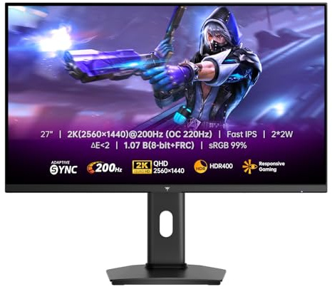 KTC Monitor Gaming 27 Pollici, QHD 2K 2560×1440, 200Hz (OC 220Hz), Fast IPS 1ms GTG, HDR400, 99% sRGB, 94% DCI-P3, 10 Bit, Adaptive Sync, Supporto Regolabile, 2×DP 1.4, 2×HDMI 2.0, H27T7P