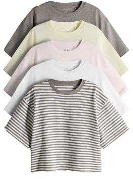 THE SET Mädchen Crop Fit T-Shirts aus Baumwollgemisch, 4er-Pack Brown/White/Yellow/Stripe Numeric_134