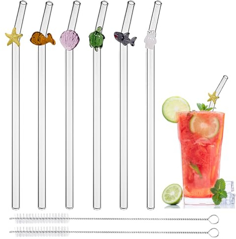 Glass Straws with Sea Animal Charms, 6 Reusable Bent Drinking Straws | 2 cleaning brushes included, clear borosilicate glass, 20 cm x 8 mm, colorful charm design, for coffee, juice and smoothies