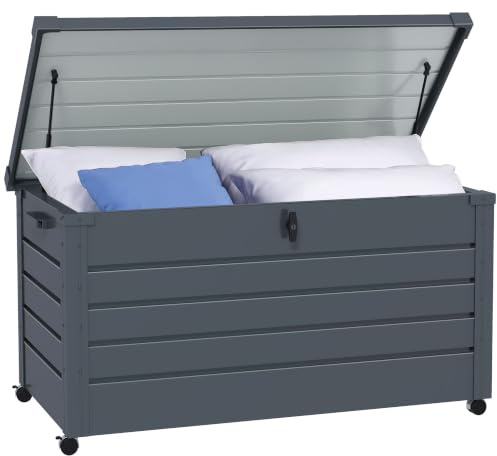 Outsunny Gartenbox Metall 311 Liter Wasserdicht 120 x 62cm Dunkelgrau | Abschließbar, Mit Griffen und Rollen, Auflagenbox, Gartentruhe, Outdoor Wetterfest, Für Balkon Garten, Kissenbox