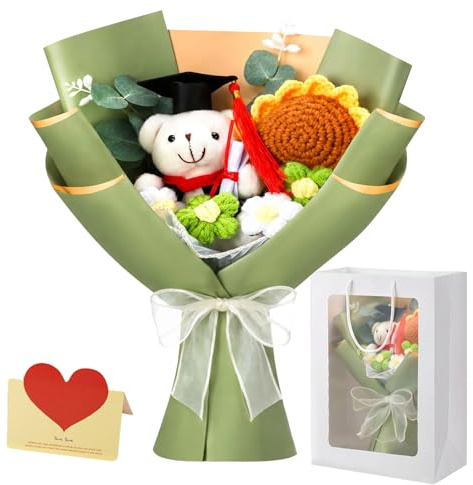 SIMDAO Bouquet di fiori all'uncinetto, fatto a mano, set regalo con sacchetto regalo e biglietto di auguri, bouquet di rose artificiali e girasoli per lauree e compleanni (verde)