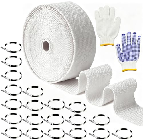 Kit de Cinta Anticalorica Escape de 25 m x 5 cm 500 °C con Accesorios | Bridas Metalicas de Acero Inoxidable 304 y Guantes Fibra de Vidrio Fácil de Instalar para Tuberías de Múltiples Equipos